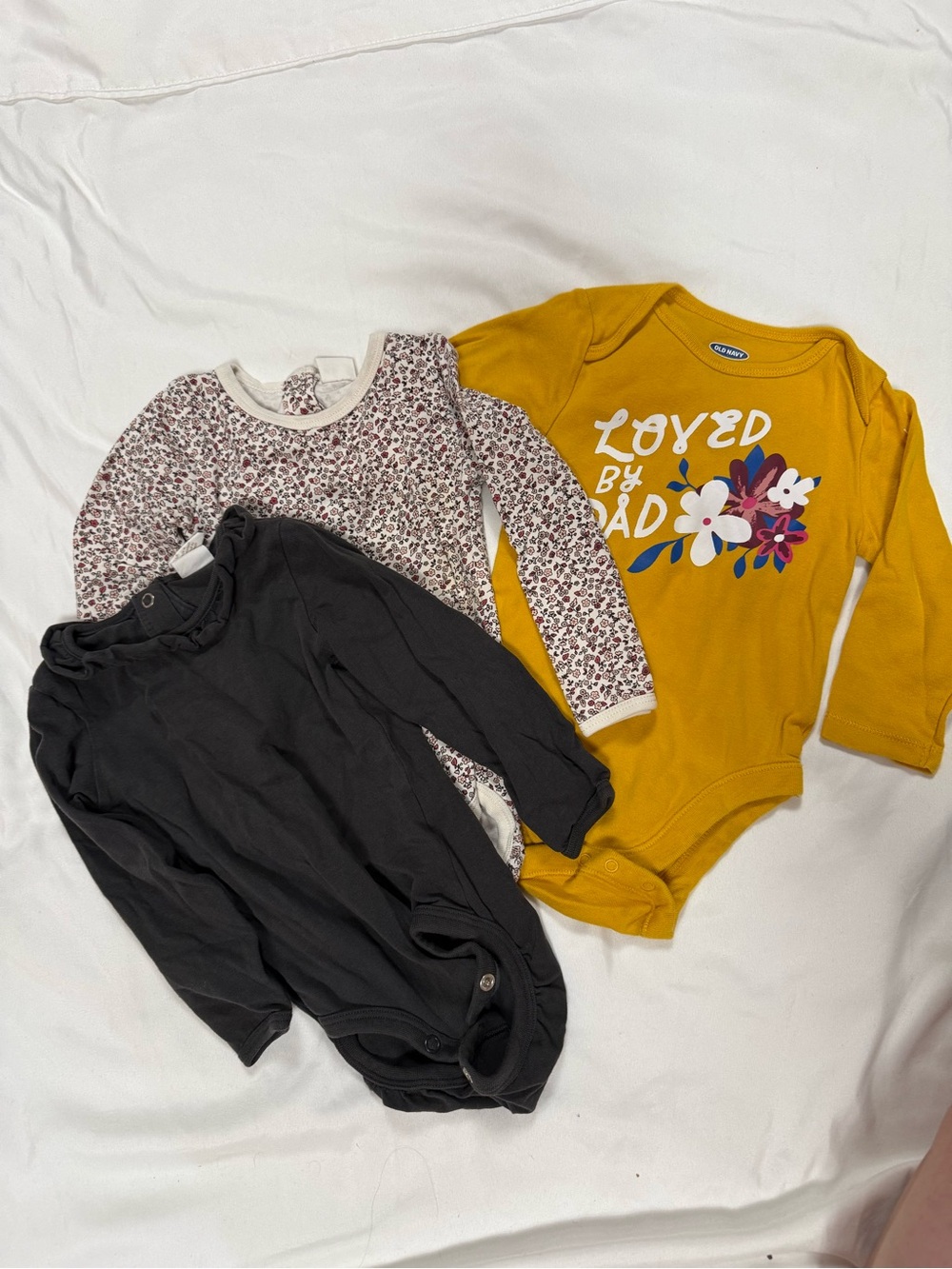Mustard Floral "Loved By Dad" Baby Bodysuit + Floral & Black Long-Sleeve Onesies